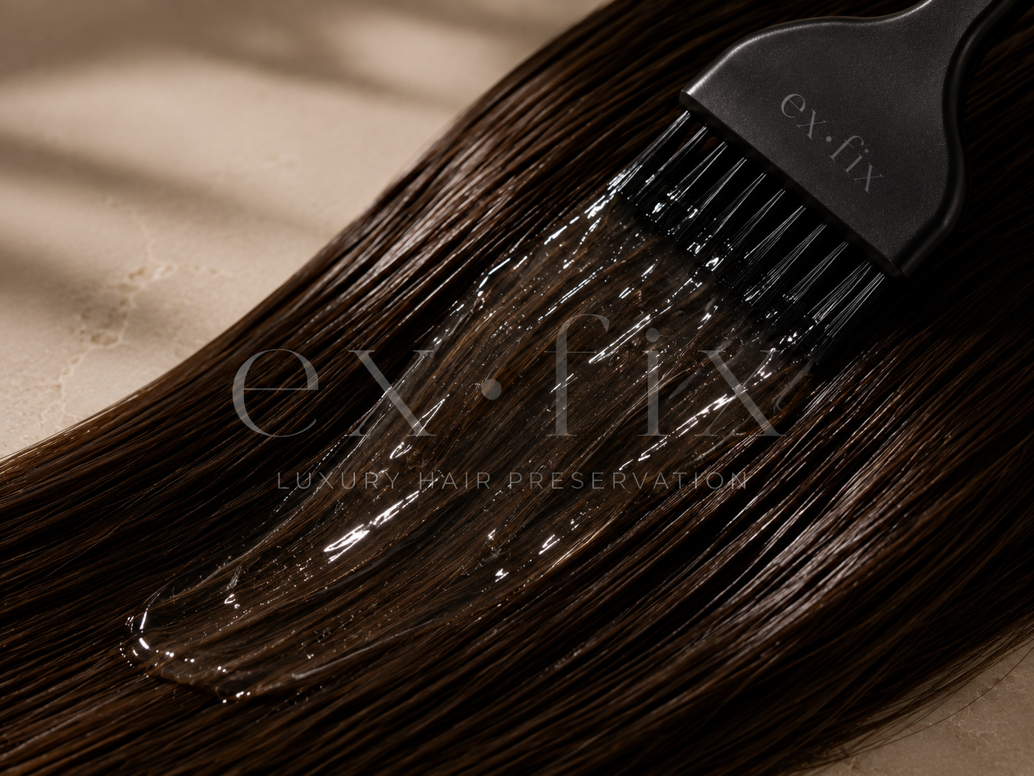 Clear EX.FIX treatment gel resting on smooth dark brown human hair beside an ex.fix tint brush