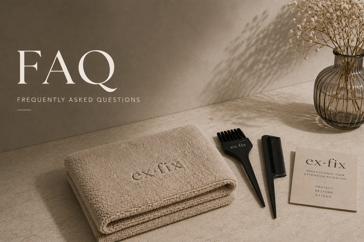 EX.FIX treatment tools and towel arranged on a warm stone surface.