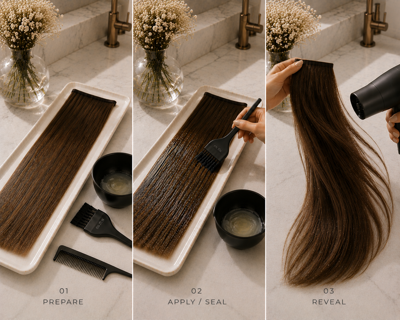 Three-step EX.FIX ritual: prepared human hair extension weft on a tray, EX.FIX being applied with an ex.fix tint brush, and the finished glossy lengths being dried