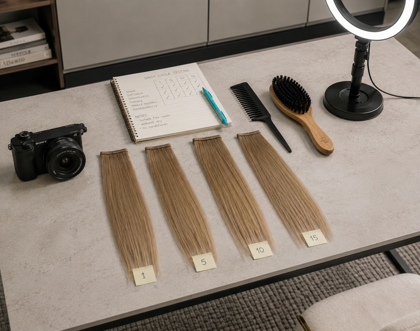 EX.FIX development wash-cycle testing table showing human hair extension wefts labeled 1, 5, 10 and 15 washes