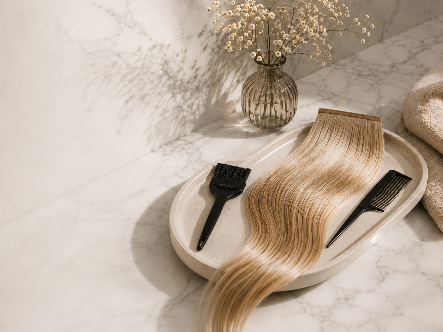 Blonde human hair extension weft arranged on a ceramic tray with EX.FIX brush and comb in a warm marble setting