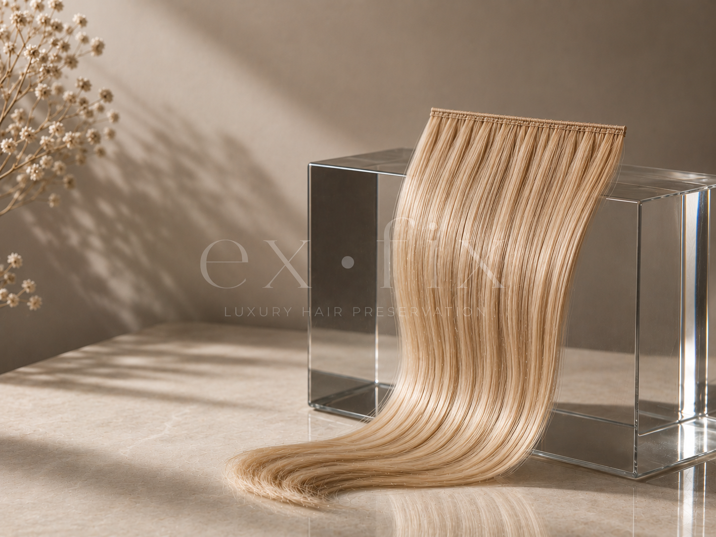 Blonde human hair extension weft draped over a glass block on a warm stone surface