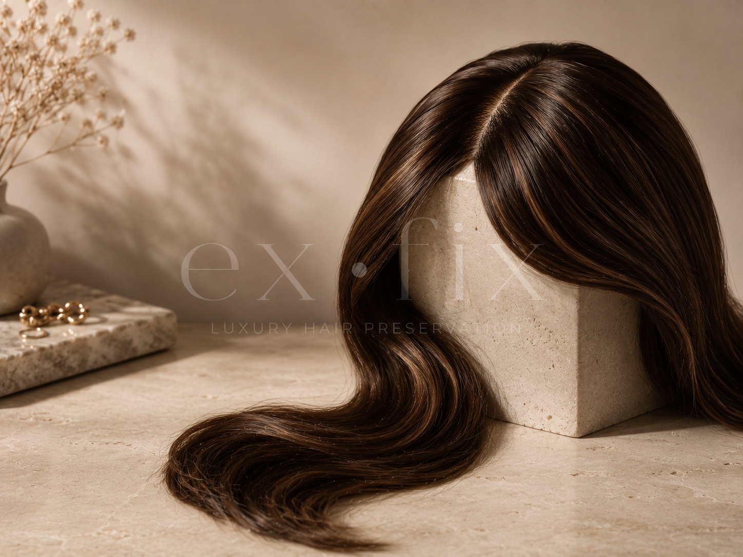 Premium human hair wig styled in soft waves resting on a stone plinth in warm daylight