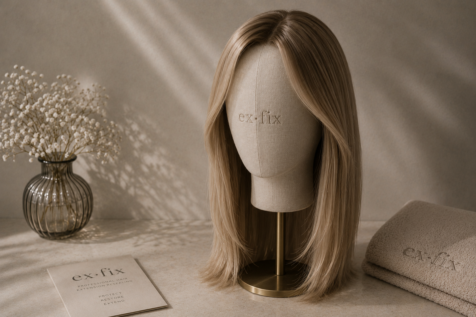 EX.FIX branded mannequin head with long blonde wig, towel and card in warm natural light