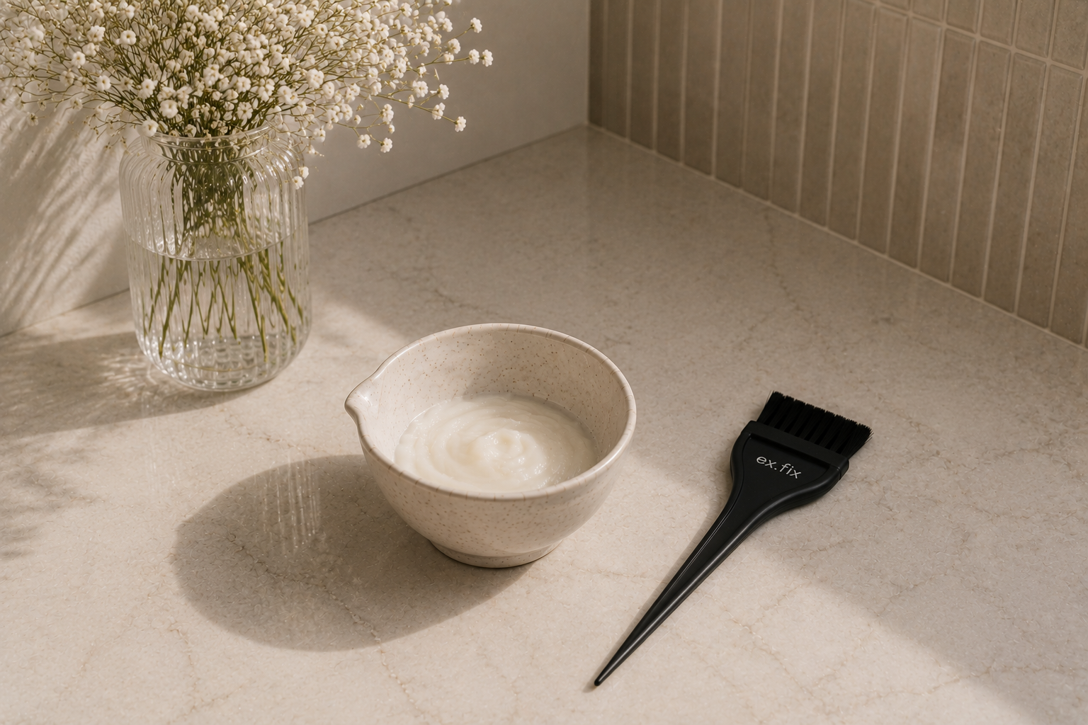 EX.FIX treatment bowl, application brush and small white flowers arranged on a warm stone surface